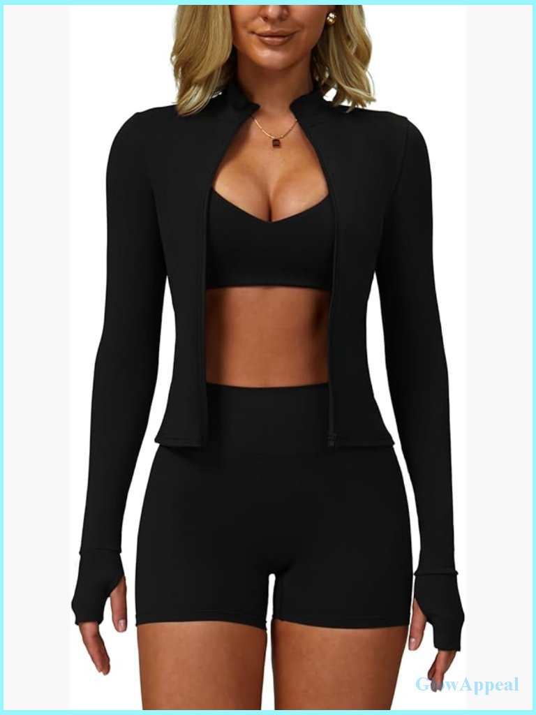 3 Piece Workout Set Jacket Sports Bra High Waist Shorts